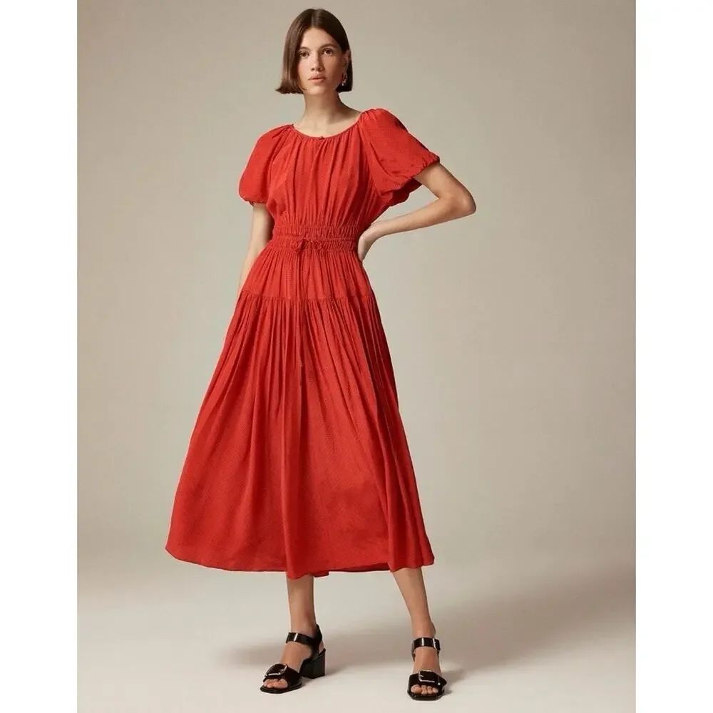 J.Crew Elena Puff Sleeve Dotted Crepe de Chine Maxi Dress XXS Red